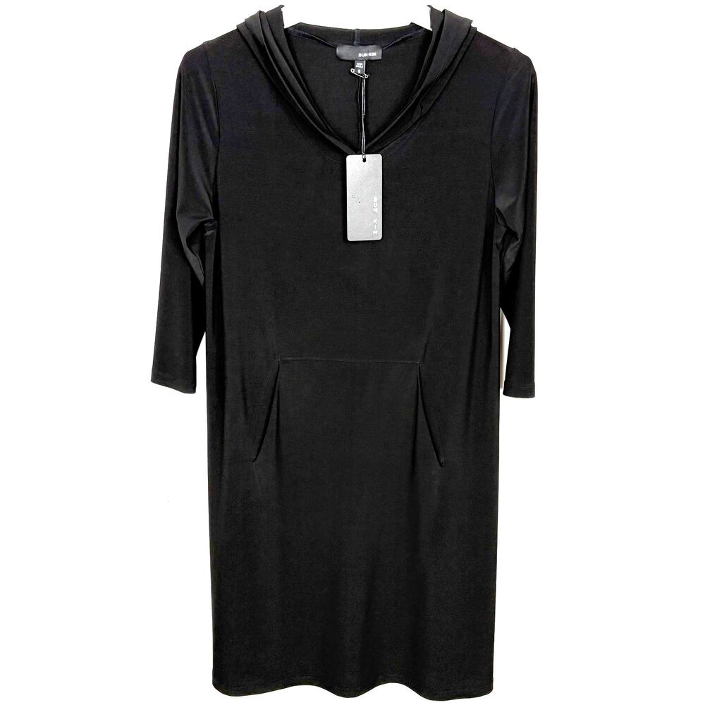 Sun Kim Womens Hooded Dress Kangaroo Pocket Long Sleeve Black Poly Size Small